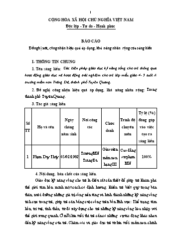 SKKN Các biện pháp giáo dục kỹ năng sống cho trẻ thông qua hoạt động giáo dục và hoạt động trải nghiệm cho trẻ lớp mẫu giáo 4- 5 tuổi A trường Mầm non Tràng Đà, thành phố Tuyên Quang