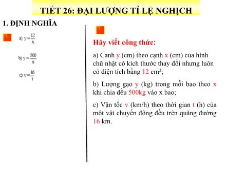 Bài giảng Đại số Lớp 7 - Tiết 26: đại lượng tỉ lệ nghịch