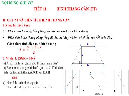 Bài giảng Hình học Lớp 6 - Tuần 11, Tiết 11: Hình thang cân (Tiếp theo)
