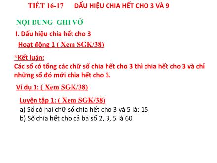 Bài giảng Số học Lớp 6 - Tiết 16+17: Dấu hiệu chia hết cho 3 và 9