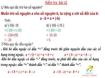 Bài giảng Số học Lớp 6 - Tiết 40: Phép trừ số nguyên. Quy tắc dấu ngoặc (Tiếp theo)