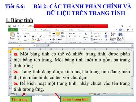 Bài giảng Tin học Lớp 7 - Tiết 5+6, Bài 2: Các thành phần chính và dữ liệu trên trang tính