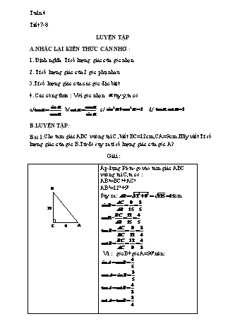 Giáo án Hình học 9 - Tuần 4, Tiết 7+8: Luyện tập