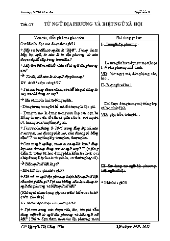 Giáo án Ngữ văn Lớp 8 - Tiết 17: Từ ngữ địa phương và biệt ngữ xã hội - Năm học 2021-2022 - Nguyễn Thị Công Viên