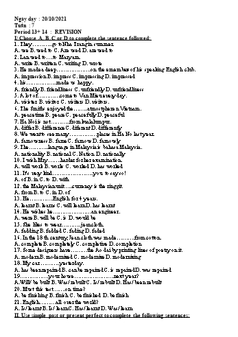 Giáo án Tiếng Anh Lớp 9 - Tuần 7, Period 13+14: Revision