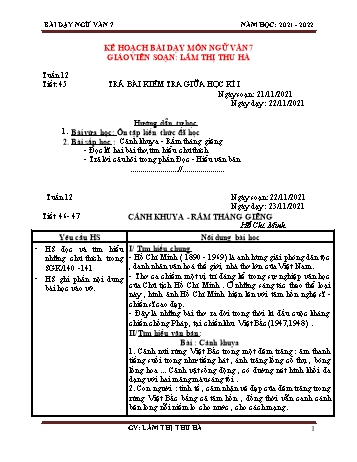 Kế hoạch bài dạy Ngữ văn Lớp 7 - Tuần 12, Tiết 45: Trả bài kiểm tra giữa học kì I - Năm học 2021-2022 - Lâm Thị Thu Hà