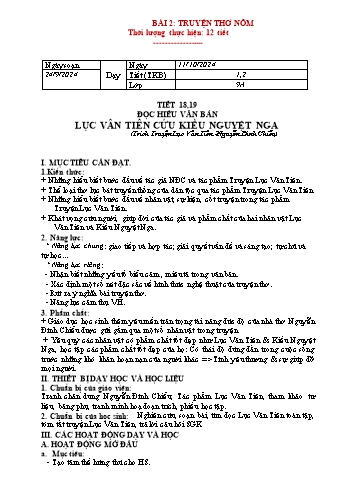 Kế hoạch bài dạy Ngữ văn 9 - Bài 2: Truyện thơ Nôm - Đọc hiểu văn bản Lục Vân Tiên cứu Kiều Nguyệt Nga - Năm học 2024-2025