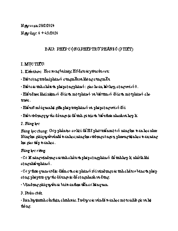 Kế hoạch bài dạy Toán 6 - Bài 3: Phép cộng, phép trừ phân số - Năm học 2023-2024