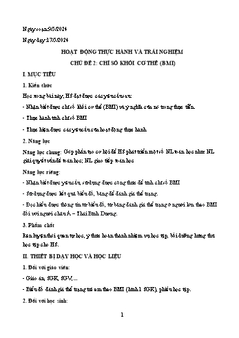 Kế hoạch bài dạy Toán 6 - Bài: Hoạt động thực hành và trải nghiệm - Chủ đề 2: Chỉ số khối cơ thể (BMI) - Năm học 2023-2024