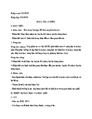 Kế hoạch bài dạy Toán 6 (Hình học) - Bài 4: Tia - Năm học 2023-2024