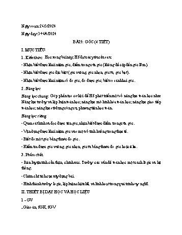 Kế hoạch bài dạy Toán 6 (Hình học) - Bài 5: Góc - Năm học 2023-2024