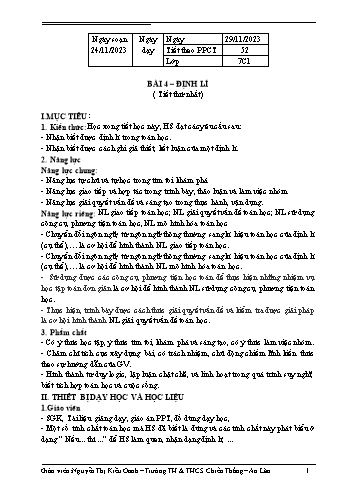 Kế hoạch bài dạy Toán 7 - Bài 4: Định lí - Năm học 2023-2024 - Nguyễn Thị Kiều Oanh