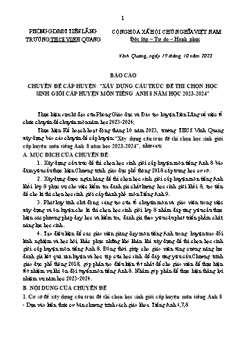Chuyên đề cấp huyện: “Xây dựng cấu trúc đề thi chọn học sinh giỏi cấp huyện môn Tiếng Anh 8 năm học 2023-2024”