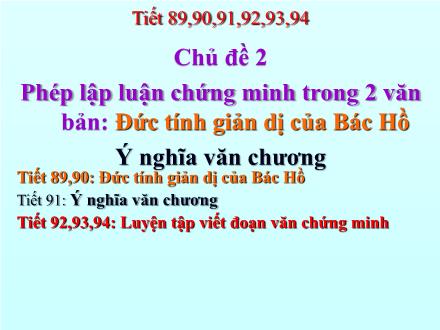 Bài giảng Ngữ văn 7 - Chủ đề 2: Phép lập luận chứng minh trong 2 văn bản Đức tính giản dị của Bác Hồ và Ý nghĩa văn chương