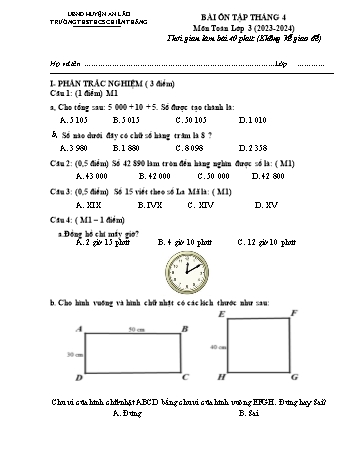 Bài kiểm tra tháng 4 môn Toán + Tiếng Việt 3 năm học 2023-2024 - Trường Tiểu học Chiến Thắng (Có đáp án)