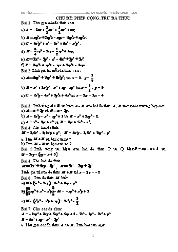 Bài tập ôn tập Toán 8 - Chủ đề: Phép cộng, trừ đa thức - Nguyễn Thị Kiều Oanh