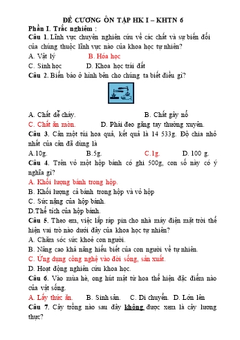 Đề cương ôn tập học kì I môn Khoa học tự nhiên 6