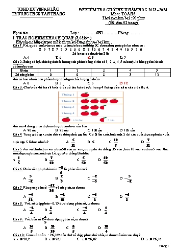 Đề kiểm tra cuối học kì II năm học 2023-2024 môn Toán 6 - Trường THCS Tân Thắng (Có đáp án)