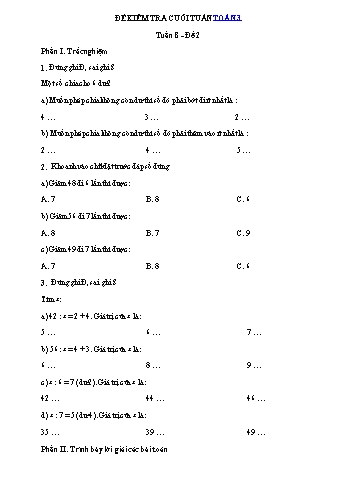 Đề kiểm tra cuối tuần 8 môn Toán Lớp 3