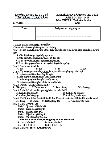 Đề kiểm tra đánh giá cuối học kì I môn Khoa học tự nhiên 7 năm học 2024-2025 trường THCS Tiên Thắng Toàn Thắng
