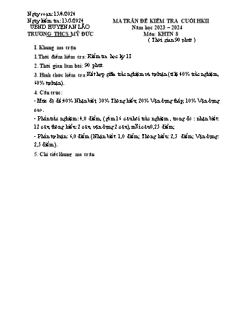 Đề kiểm tra đánh giá cuối học kì II môn Khoa học tự nhiên 8 năm học 2023-2024 - Trường THCS Mỹ Đức (Có đáp án + Ma trận)