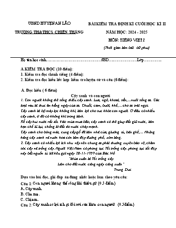 Đề kiểm tra định kì cuối học kì II môn Toán + Tiếng Việt 2 năm học 2024-2025 trường Tiểu học Chiếc Thắng (Có đáp án)