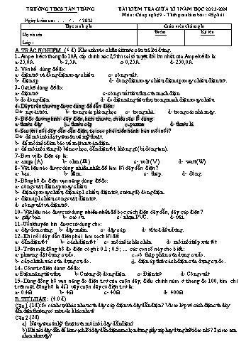 Đề kiểm tra giữa học kì I môn Công nghệ 9 năm học 2023-2024 - Trường THCS Tân Thắng (Có đáp án)