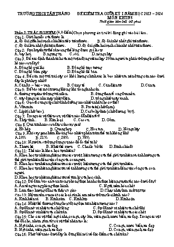 Đề kiểm tra giữa học kì I môn Khoa học tự nhiên 6 năm học 2023-2024 - Trường THCS Tân Thắng (Có đáp án)