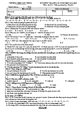 Đề kiểm tra giữa học kì I môn Sinh học 9 năm học 2023-2024 - Trường THCS Tân Thắng (Có đáp án)
