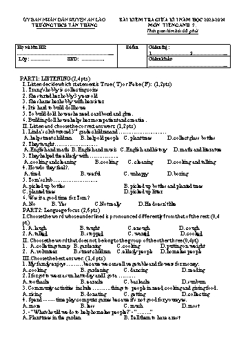 Đề kiểm tra giữa học kì I môn Tiếng Anh 7 năm học 2023-2024 - Trường THCS Tân Thắng (Có đáp án)