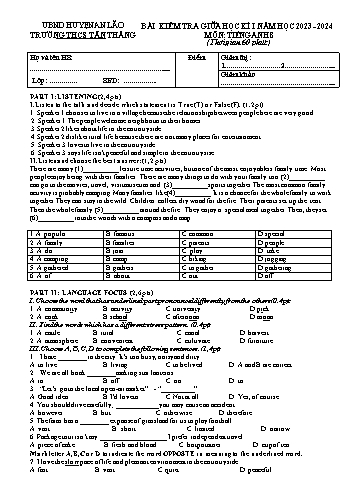 Đề kiểm tra giữa học kì I môn Tiếng Anh 8 năm học 2023-2024 - Trường THCS Tân Thắng