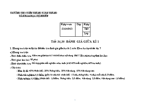 Đề kiểm tra giữa học kì I năm học 2023-2024 môn Khoa học tự nhiên 7 trường THCS Tiên Thắng Toàn Thắng (Có đáp án + Ma trận)
