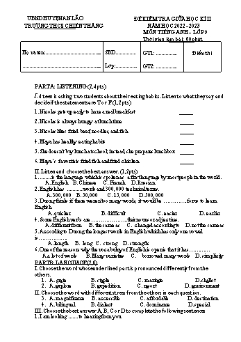 Đề kiểm tra giữa học kì II môn Tiếng Anh 9 năm học 2022-2023 trường THCS Chiến Thắng (Có đáp án)