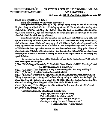 Đề kiểm tra giữa học kì II năm học 2023-2024 môn Ngữ văn 9 - Trường THCS Tân Thắng (Có đáp án)