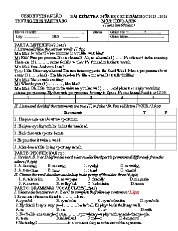 Đề kiểm tra giữa học kì II năm học 2023-2024 môn Tiếng Anh 6 - Trường THCS Tân Thắng