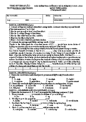 Đề kiểm tra giữa học kì II năm học 2023-2024 môn Tiếng Anh 9 - Trường THCS Tân Thắng