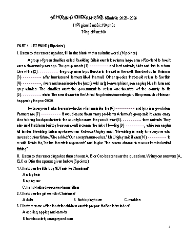 Đề thi học sinh giỏi môn Tiếng Anh Khối 8 năm học 2023-2024 (Có đáp án)