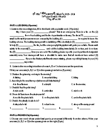 Đề thi học sinh giỏi môn Tiếng Anh Lớp 8 năm học 2023-2024 (Có đáp án)