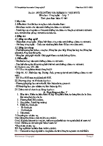 Kế hoạch bài dạy Công nghệ 7 (Kết nối tri thức) - Bài 10: Nuôi dưỡng và chăm sóc vật nuôi - Năm học 2022-2023