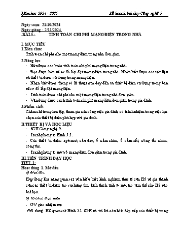Kế hoạch bài dạy Công nghệ 9 - Bài 5: Tính toán chi phí mạng điện trong nhà - Năm học 2024-2025