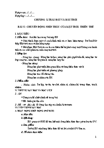 Kế hoạch bài dạy Khoa học tự nhiên 6 - Chương X: Trái Đất và bầu trời - Bài 52: Chuyển động nhìn thấy của mặt trời. Thiên thể