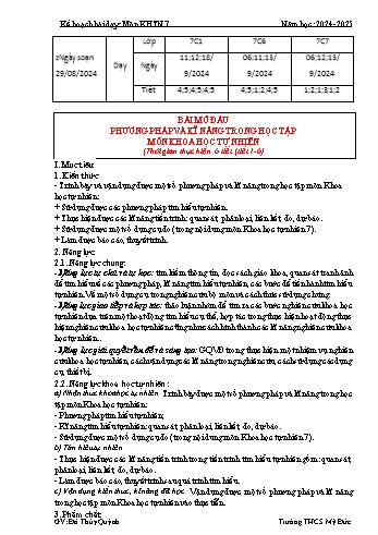 Kế hoạch bài dạy Khoa học tự nhiên 7 - Bài: Phương pháp và kĩ năng trong học tập môn Khoa học tự nhiên - Năm học 2024-2025 - Đỗ Thúy Quỳnh