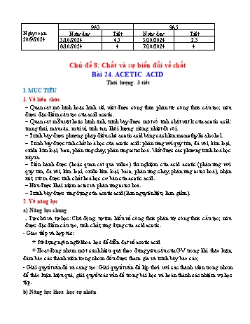 Kế hoạch bài dạy Khoa học tự nhiên 9 - Chủ đề 8: Chất và sự biến đổi về chất - Bài 24: Acetic acid - Năm học 2023-2024