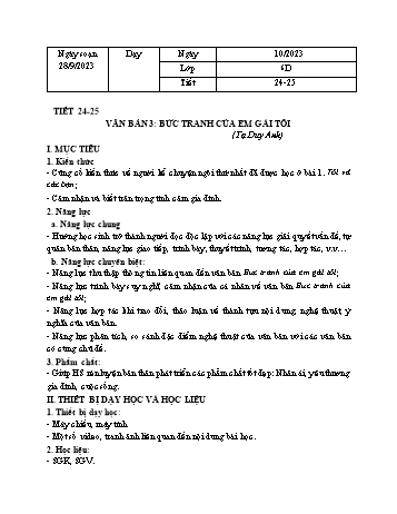 Kế hoạch bài dạy Ngữ văn 6 - Bài: Bức tranh của em gái tôi - Năm học 2023-2024