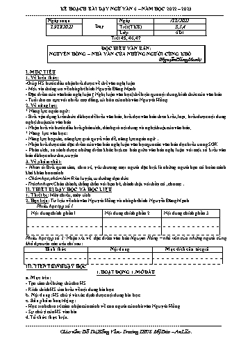 Kế hoạch bài dạy Ngữ văn 6 - Bài: Đọc hiểu văn bản Nguyên Hồng - Nhà văn của những người cùng khổ - Năm học 2022-2023 - Đỗ Thị Hồng Vân