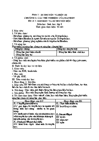 Kế hoạch bài dạy Sinh học 9 - Chương I: Các thí nghiệm của Menden - Bài 1: Menden và di truyền học