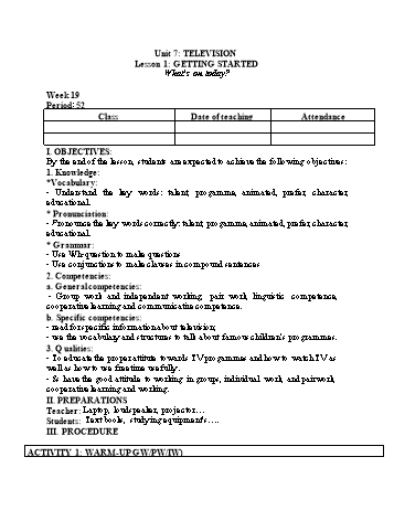 Kế hoạch bài dạy Tiếng Anh 6 - Unit 7: Television - Lesson 1