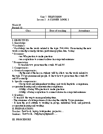 Kế hoạch bài dạy Tiếng Anh 6 - Unit 7: Television - Lesson 2