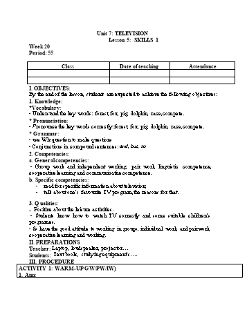 Kế hoạch bài dạy Tiếng Anh 6 - Unit 7: Television - Lesson 5