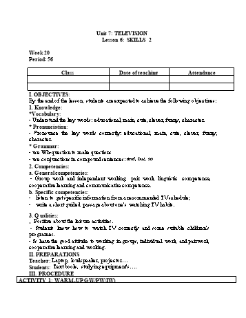 Kế hoạch bài dạy Tiếng Anh 6 - Unit 7: Television - Lesson 6